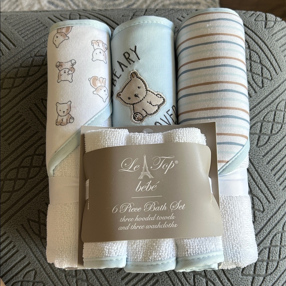 Le Top Bébé Bear and Stripe Bath Set in Blue and White